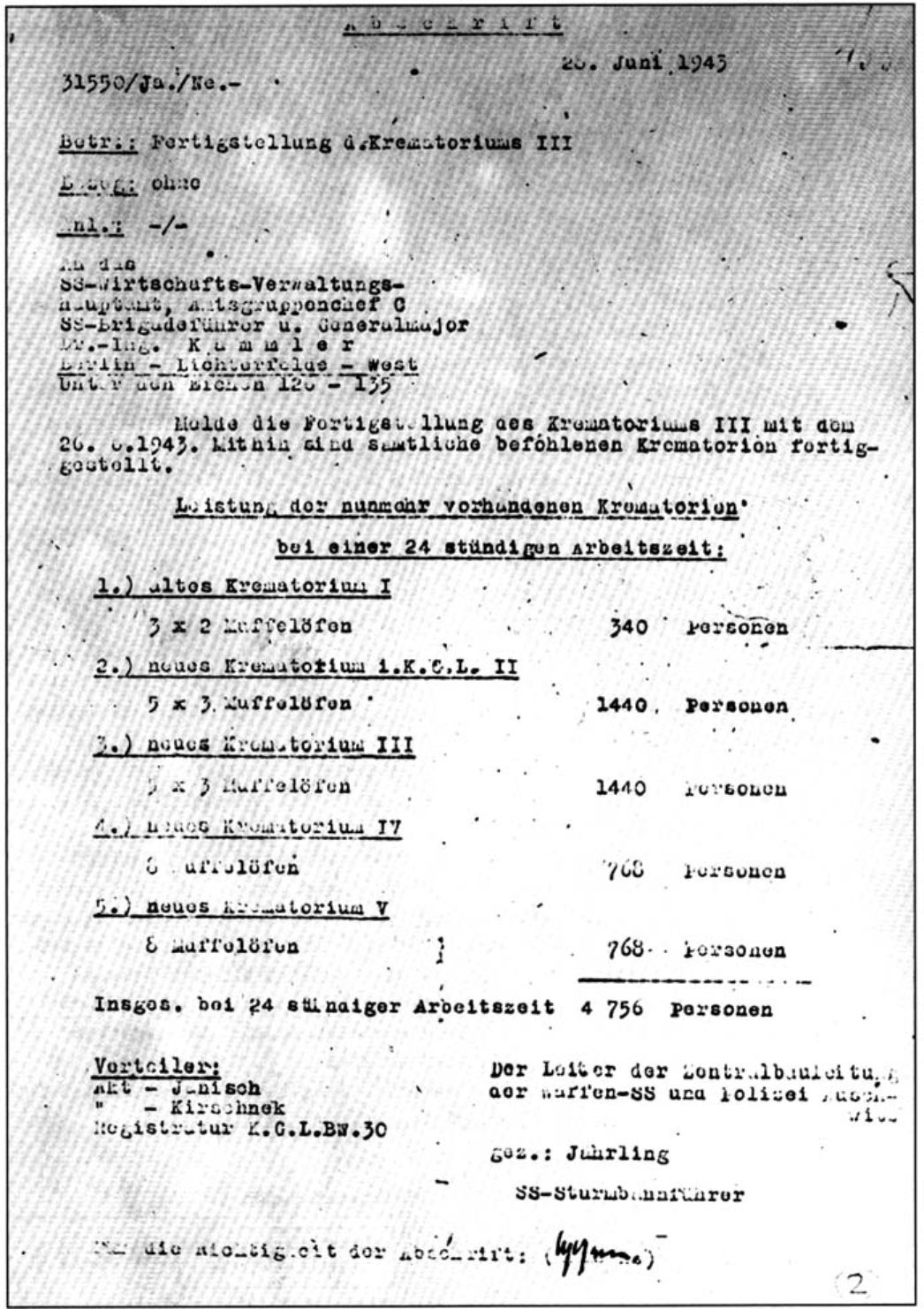 Die Erfurter Firma Topf & Söhne kalkulierte in einem Schreiben vom 25. Juni 1943 die voraussichtliche Kapazität von 4.756 Leichen pro Tag für alle fünf Krematorien.
