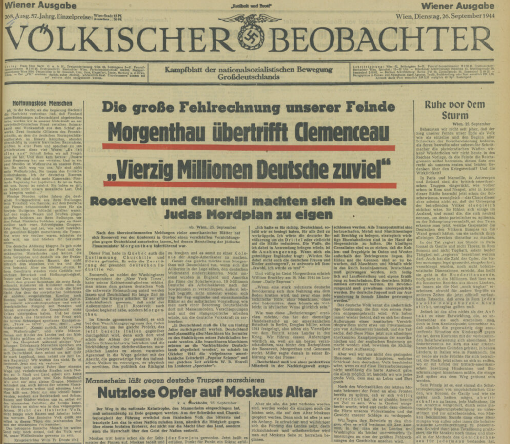 Die Wiener Ausgabe des Völkischen Beobachters berichtete am 26. September 1944 von „Judas Mordplan“. 