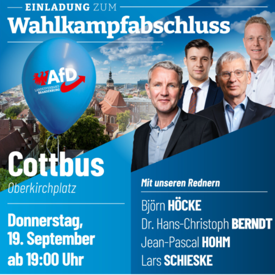 Werbeplakat für den Wahlkampfabschluss der AfD in Cottbus. 