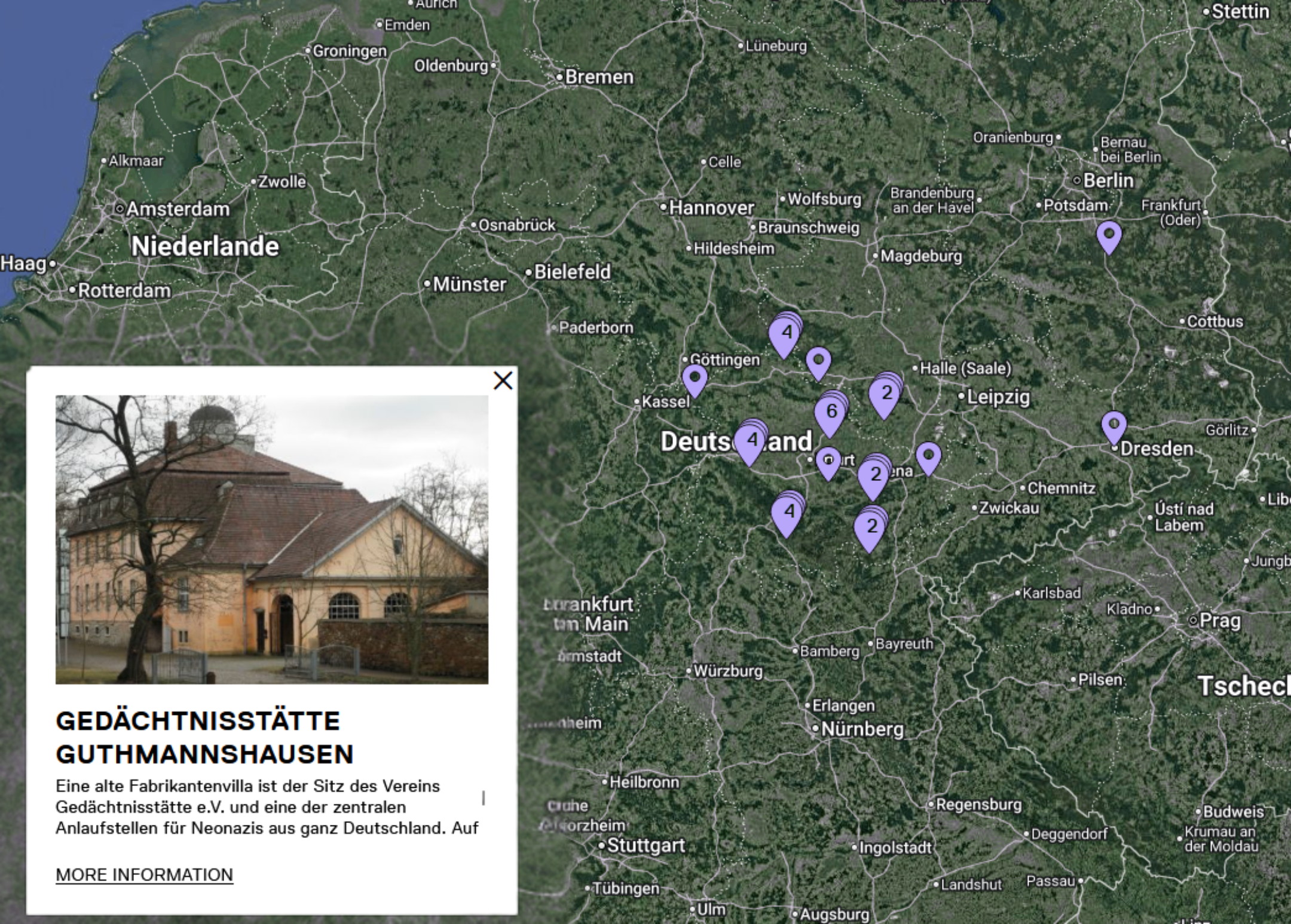 Karte mit Orten des Geschichtsrevisionismus in Deutschland.