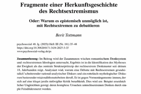  Berit Tottmann: Fragmente einer Herkunftsgeschichte des Rechtsextremismus (Psychosozial Verlag).