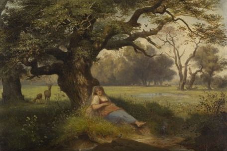 Ein Mädchen liegt schlafend auf dem Waldboden, umgeben von Bäumen und Moos; Gemälde von Ernst Ferdinand Oehme, 1853.