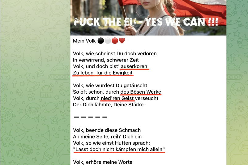 Telegram, Kanal: Patriotische Stimme für Deutschland, frei – unabhängig – patriotisch, 20. Mai 2025 (Screenshot vom 9. November 2025, bearbeitet von Berit Kö)