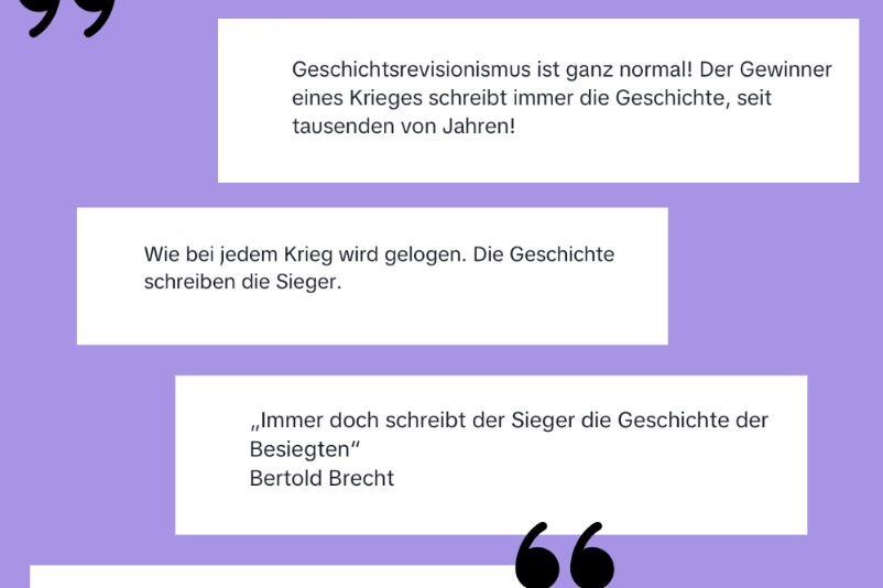 Collage von einigen Kommentaren, die wir auf TikTok unter unserem Reel „Was ist Geschichtsrevisionismus – und warum ist er gefährlich?“ erhalten haben. 