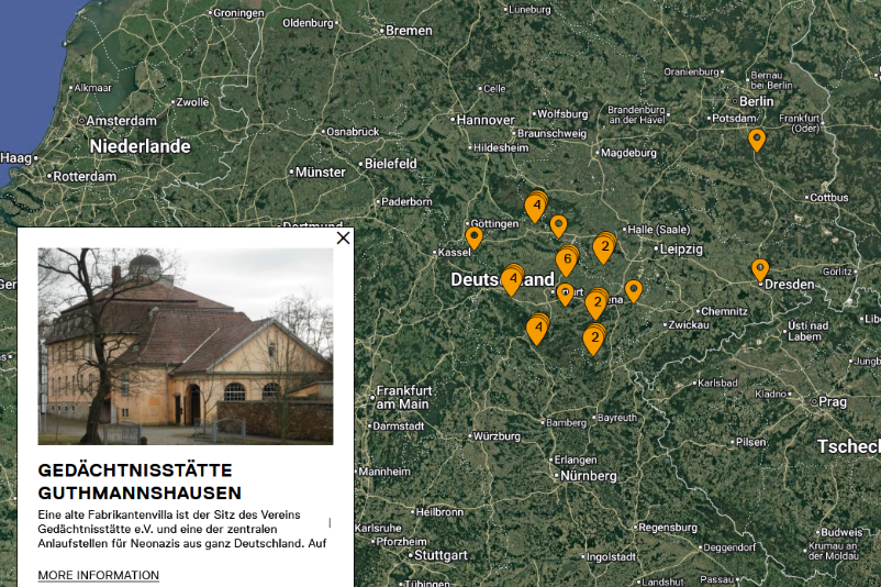 Karte mit Orten des Geschichtsrevisionismus in Deutschland.