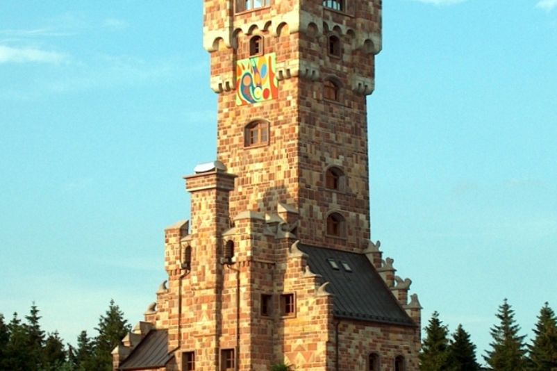 Blick auf den 2004 eröffneten Altvaterturm. Der Wetzstein soll mit seinem weiten Blick über das Schiefergebirge und den Frankenwald an den ursprünglichen Standort im Altvatergebirge erinnern. 