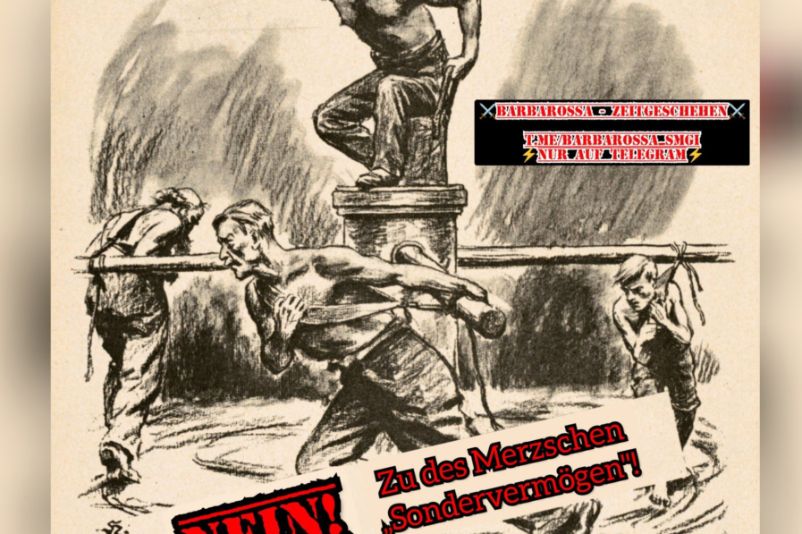 Der rechtsextreme Telegram-Kanal "Barbarossa Zeitgeschehen" verbreitete diese bearbeitete Grafik. Dabei wird Friedrich Merz als Schinder dargestellt, der seine Peitsche gegen die Arbeiter schwingt. Die Vorlage stammt dabei aus einer rechtsextremen Kampagne von 1929 gegen den Young-Plan. 
