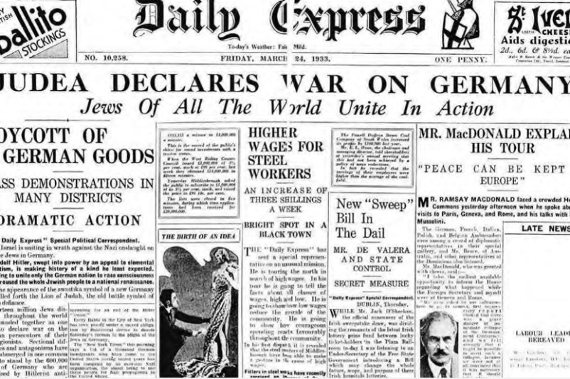 Der "Beweis" für die angebliche "jüdische Kriegserklärung" gegen Deutschland aus der Boulevard-Zeitung "Daily Express" vom 24. März 1933. Im Artikel selbst wird vom internationalen Boykott gegen Nazi-Deutschland berichtet - von einem Krieg ist keine Rede. 