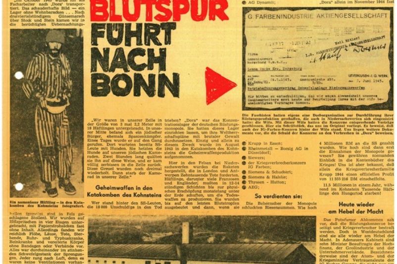 „Die Blutspur führt nach Bonn.“ Bericht der Zeitung Das Volk (Erfurt) über das KZ Mittelbau-Dora, 26. April 1963.